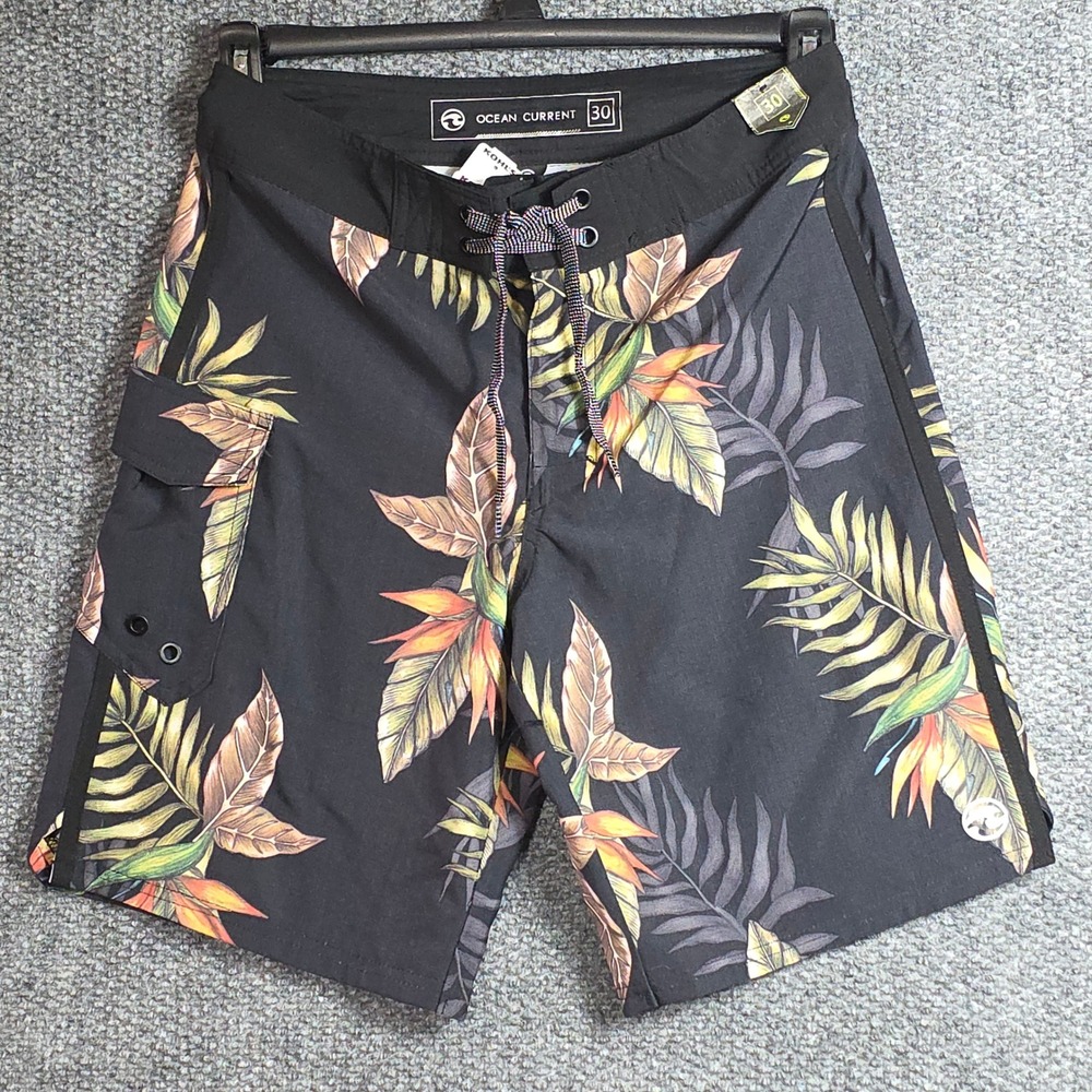 Ocean Current Mens 30 Board Shorts Black Tropical Floral Bird of Paradise Cargo